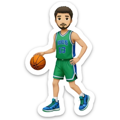 Full Body  white male basketball player with short dark shaggy hair and goatee wearing green and blue uniform sticker