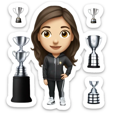 Very pretty girl with brunette hair and hazel eyes who is very very pretty who has a Stanley cup and flare pants and then an Adidas hoodie and is holding a Stanley cup sticker