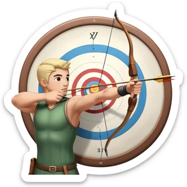 An archer drawing a bow and aiming an arrow at a target, with perfect focus and precision. The target is visible in the background, featuring concentric rings. The scene captures the concentration and skill involved in archery, emphasizing the elegance and accuracy of the sport. sticker