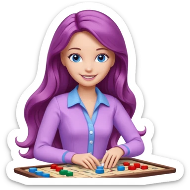 beautiful barbie girl with long brown hair, blue eyes and wearing light purple clothes playing board games sticker