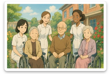 Four nursing students inspired by provided faces, wearing complete white short-sleeve uniforms without stethoscopes, accompanying elderly seated patients, Ghibli style, hospital garden exterior with flowers. sticker