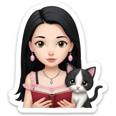 Menina branca ,cabelos pretos longos, olhos pretos puxados para cima. Cílios longos, lábios grossos ,nariz pequeno ,vestido rosa claro de alça. Colar e brinco bem pequeno. Lendo um livro com gatinho preto e branco. sticker