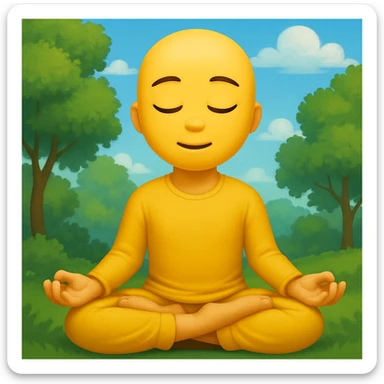 Add a peaceful nature background with trees and sky behind the meditating emoji, keep the classic emoji style sticker