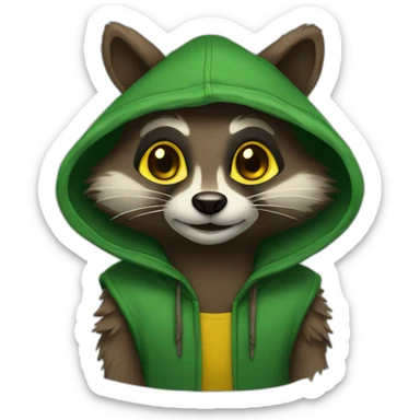 brown raccon with yellow eyes and a green hood that smiling sticker
