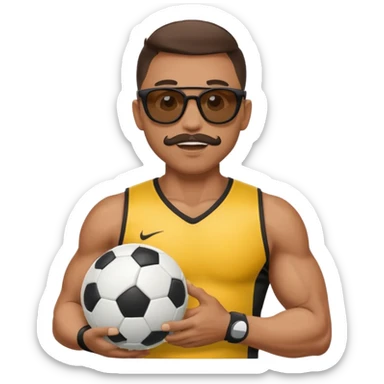 Cane muscoloso con occhiali da sole con un pallone da calcio in bocca sticker