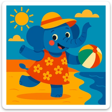 a playful elephant with a beach ball, wearing a floral dress and sun hat sticker