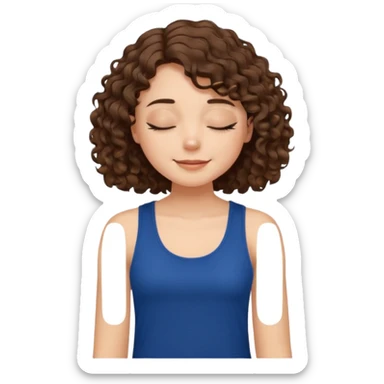 девочка с прической боб с кудрявыми коричневыми волосами в темно-синей майке закрывает глаза с улыбкой sticker