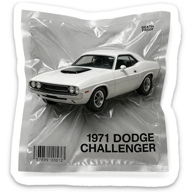 white 1971 Dodge Challenger, glossy, inspired by 'Death Proof' film sticker