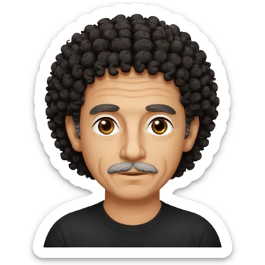 60 year old Greek man with short black curly frizzy think hair that sticks up and has a black shirt sticker
