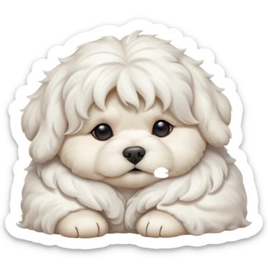 Cinematic Chubby Sleeping Wavy-Haired Maltese Dog Portrait Emoji, Chubby and serene, with a round, adorable build and a soft, wavy-haired white coat, eyes gently closed in peaceful slumber, Simplified yet irresistibly endearing features, highly detailed, glowing with a gentle, dreamy glow, high shine, relaxed and content, stylized with a touch of whimsy, bright and heartwarming, soft glowing outline, capturing the essence of a blissfully sleepy companion, so comically serene it feels like it could roll out of the screen and snore with adorable charm! sticker