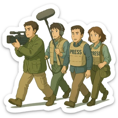 a flim crew, walking from left to right across frame: a cameraman, and a microphone operator, two people, war correspondents, tense moment sticker