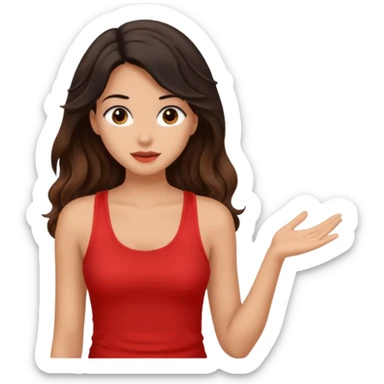 generate a pretty tan bratz girl with brown wavy hair long wearing a red tank top talking to a girl with black hair sticker