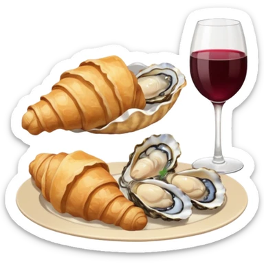 French cuisine humanless avatar in clean emoji-style illustration. 1 Croissant, oysters and wine glass, soft beige tones, simple shapes, flat design, refined and cozy. sticker