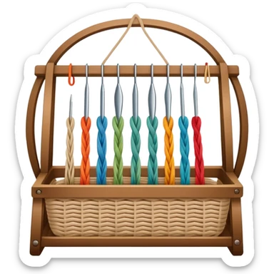 Weaving icon, various types of weaving such as basket weaving, macramé, and loom weaving, showing intertwined threads or ropes, weaving tools like shuttle, crochet hook, and loom, minimalistic style, clean lines, transparent background. sticker
