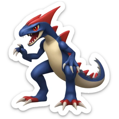 Dark blue, beige, red, Modern, Futuristic, Cool, Edgy, Badass Punk-style Garchomp-Charmeleon-Croconaw Fakémon-Digimon  full body sticker