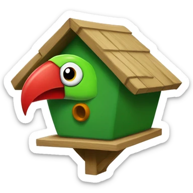 green birdhouse aviary that looks like a head of a parrot with red streak sticker