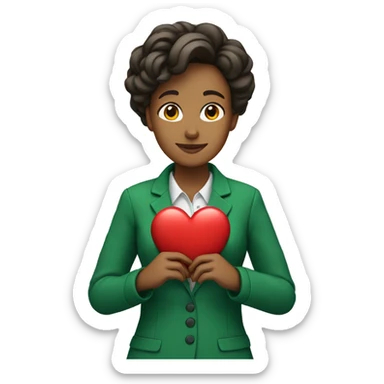 A female teacher in a green jacket holds a heart in her hands sticker