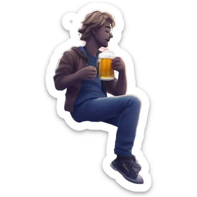 Person sat on a nebula drinking beer, line drawn style sticker