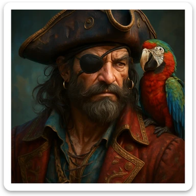 3d digital art of a pirate with eye patch and parrot in sticker