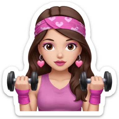 Pink and clothes emoji, inspired with brunette hair, brown eyes, long hair, heart shape lips and pink make up  and pink nails, mauve pink blush and a chocolate brown bandana lifting dumbbells sticker