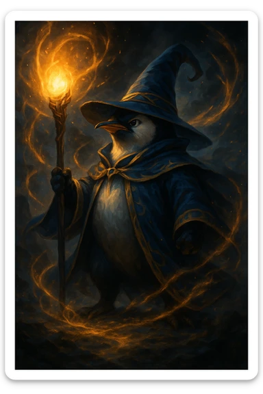 a heroic penguin wizard with a glowing staff, dramatic lighting, and swirling magical energy, in an epic fantasy style sticker