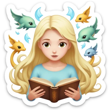 girl reading book with mystical creatures coming out of it sticker