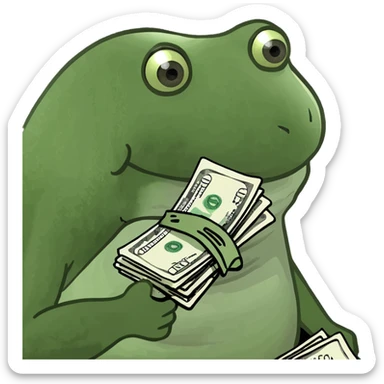 bufo frog holding a stack of cash, happy expression sticker