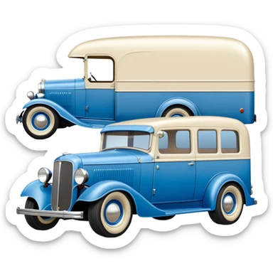 A 1934 ratty old antique rat Chevrolet hot rod caravan with  a large matching trailer that’s blue and pearl  sticker