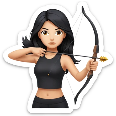 woman tanned long black hair, shooting arrow , black yoga clothes sticker