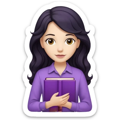 Long Hair Women with Black wavy hair, with purple Book, beige shir, without background sticker