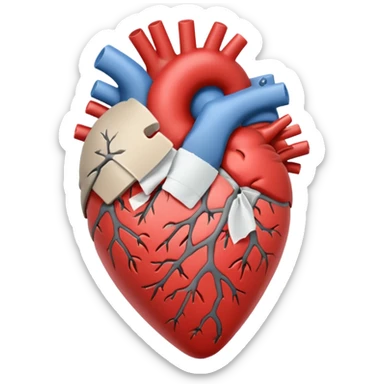 Un corazón humano roto de color gris con grietas  sangrando y expulsando sangre rodeado de vendas y tiritas que se despegan sin hacer efecto sticker