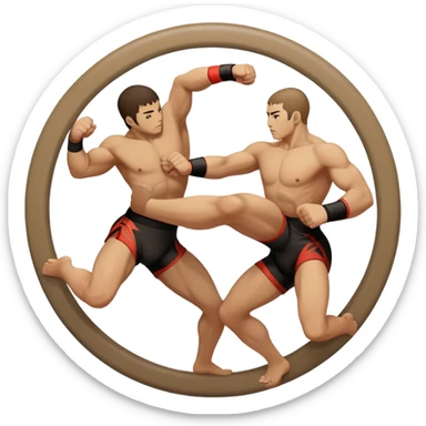 An icon symbolizing wrestling martial arts, featuring two stylized figures locked in a dynamic grappling pose. The background shows abstract elements representing strength and technique, with a circular design to represent unity and focus. Transparent background sticker