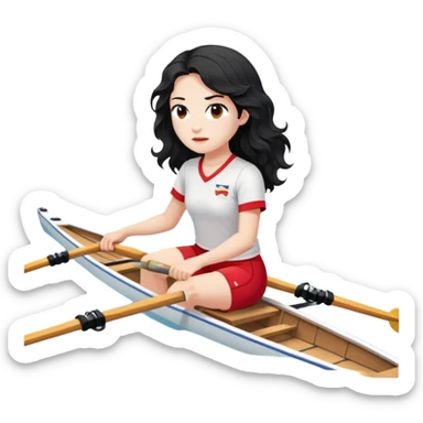 girl with long black wavy hair, white skin, wearing red shorts and white short-sleeve t-shirt, sitting in a professional Olympic rowing boat rowing, facing fully right sticker