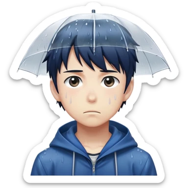 Anime character boy with sad expression standing in the rain, anime art style sticker