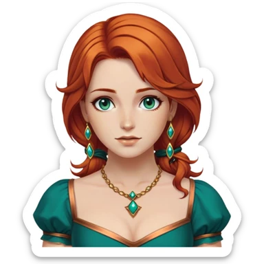 triss merigold with copper hair and teal dress and gold jwellery sticker