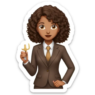 Dark brown lady with medium brown mid length curly hair in real estate job with house and keys sticker