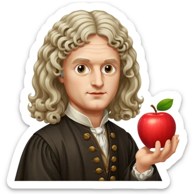 Isaac Newton wearing 17th-century aristocratic attire with long curled periwig, hold an apple sticker