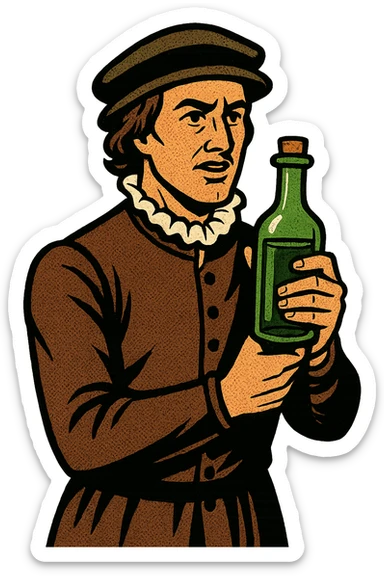 A male doctor from tudor england with his herbal medicine bottle sticker