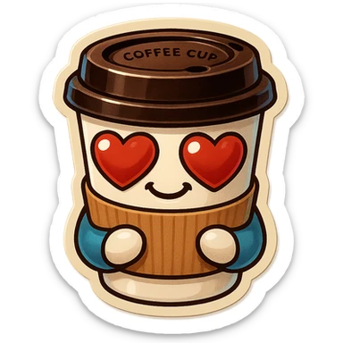 Ink wash style, coffee cup creature, big heart eyes, dopey smile sticker