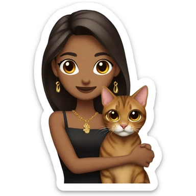 skinny beauty long dark brown hair in dark dress with gold earrings hug bengal cat sticker