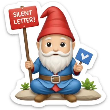 A zen rainbow garden gnome, holding a sign reading “Silent Letter Day, who’s with me? sticker