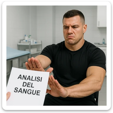 bodybuilder in sportswear with a disinterested expression, pushing away a paper with the text 'Analisi del sangue', Italian text, medical clinic background, 4K quality sticker