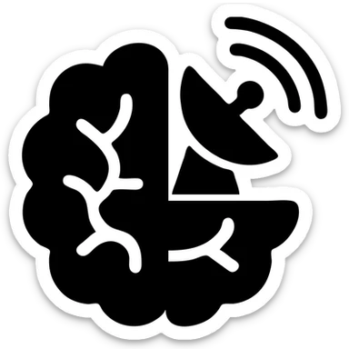 solid black filled logo for intelligence news channel, abstract brain and satellite dish, modern authoritative sticker