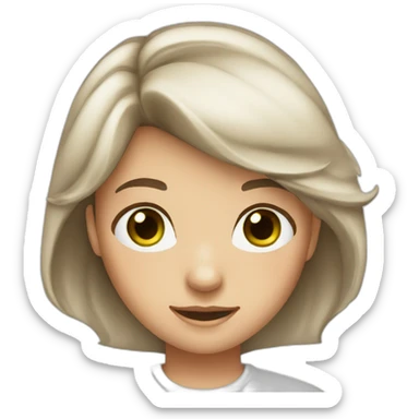 A girl with brown hair, green eyes, and red cheeks tall hair  white shirt  sticker