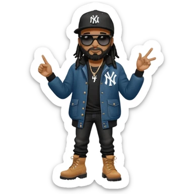 African American man with shoulder length black dreadlocks with black beard wearing black sunglasses wearing a New York Yankees logo baseball cap wearing a dark black bubble winter coat wearing denim skinny jeans and Timberland boots hand pointing to the right sticker