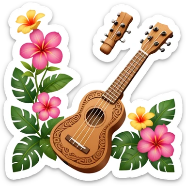 Ukulele with Polynesian carvings with flowers behind it sticker