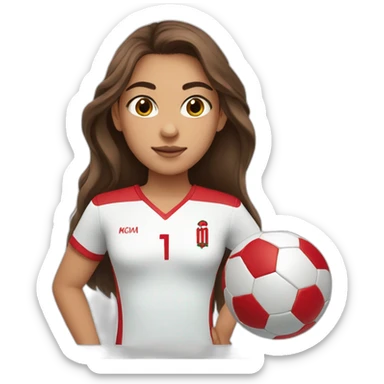 A girl with long brown hair ,with Brown eyes and football shirt of Morocco sticker