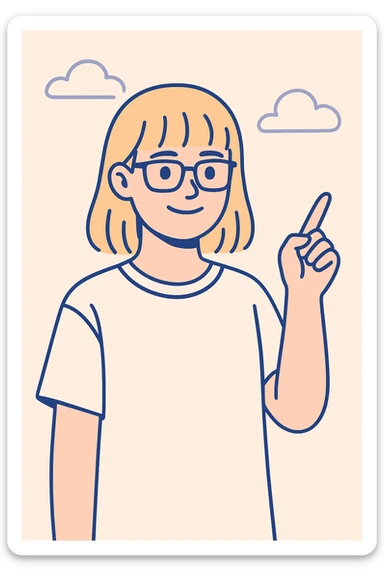 Smiling girl with blonde hair, bangs, and brown eyes, wearing black square glasses and a white oversized T-shirt, pointing her finger up to the right, clean modern illustration style sticker
