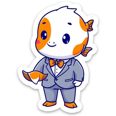 A charming and professional koi fish character, sleek rounded body with orange and white patterns, expressive eyes, friendly smile, wearing a neat business suit, white shirt, and tiny bowtie sticker