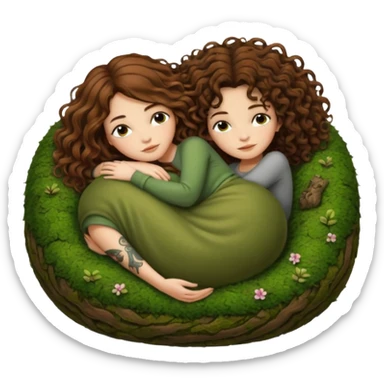 cozy moss bed — long wavy brown hair tattooed woman and short tight curly brown hair woman — curled together on moss pillow sleepy sticker